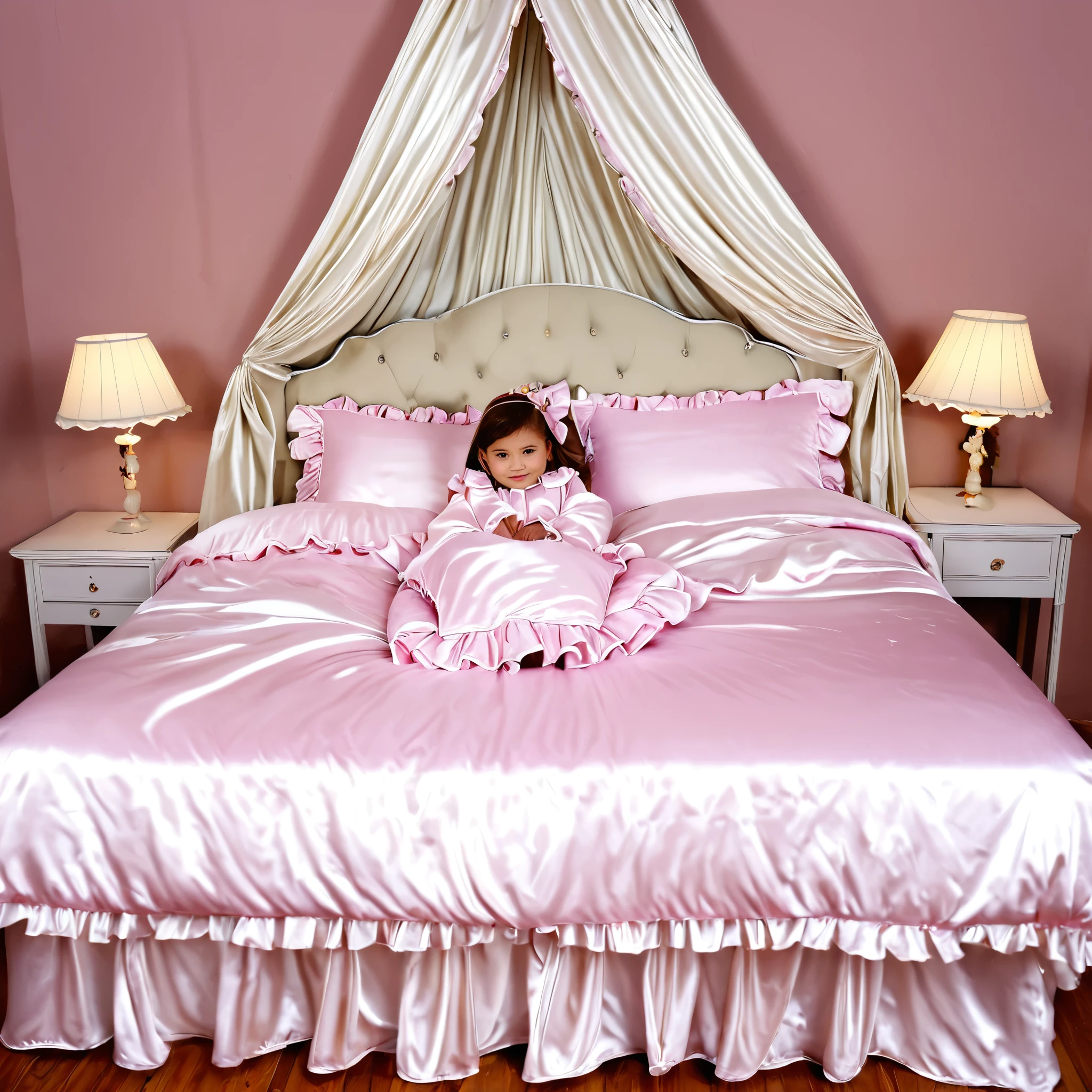 A girl on the bed,plump quilted silk satin nightgown, long sleeves,frilled sleeves,children's mittens without fingers, a bed with a mountain of silk satin pillows,sissy canopy bed,king size bed,more big bed,lot of frilled pillows,more pillows, A plump qulited silk satin devet,ruffles lace silk.retro white pipe bed frame, A large silk satin ruffled duvet covers the entire bed, 