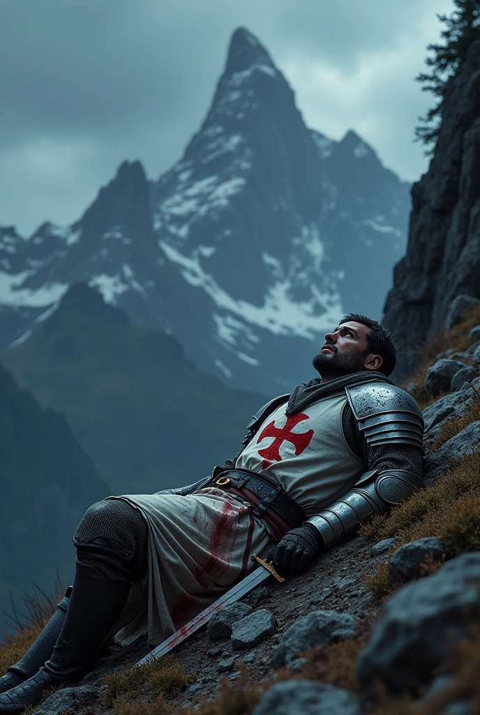 templier guerrier qui agonise dans la montagne la nuit