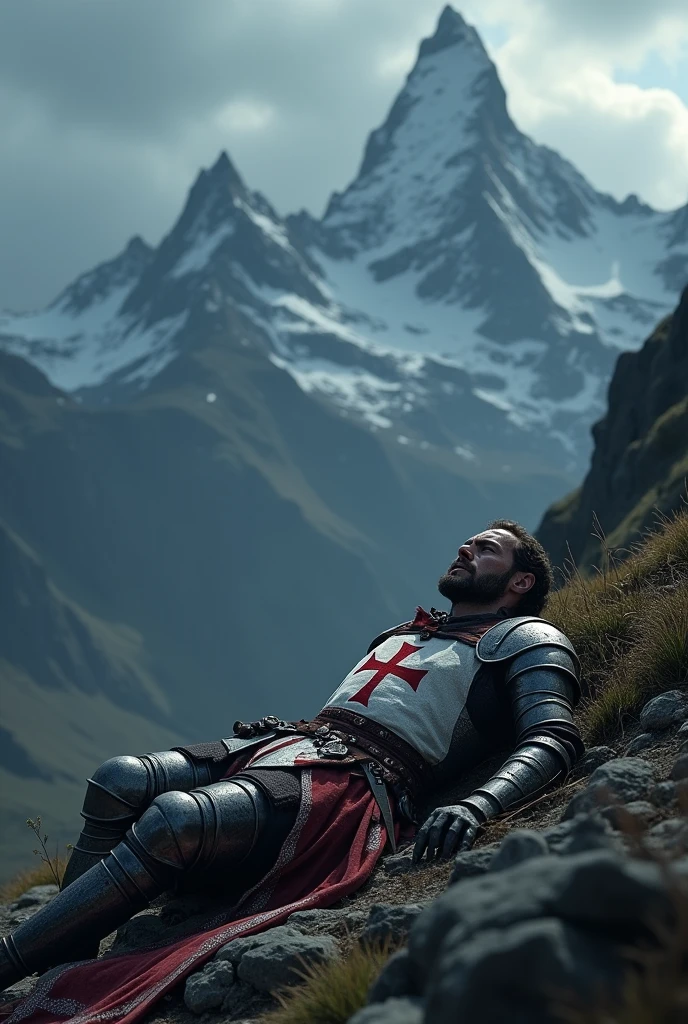 templier guerrier qui agonise dans la montagne la nuit