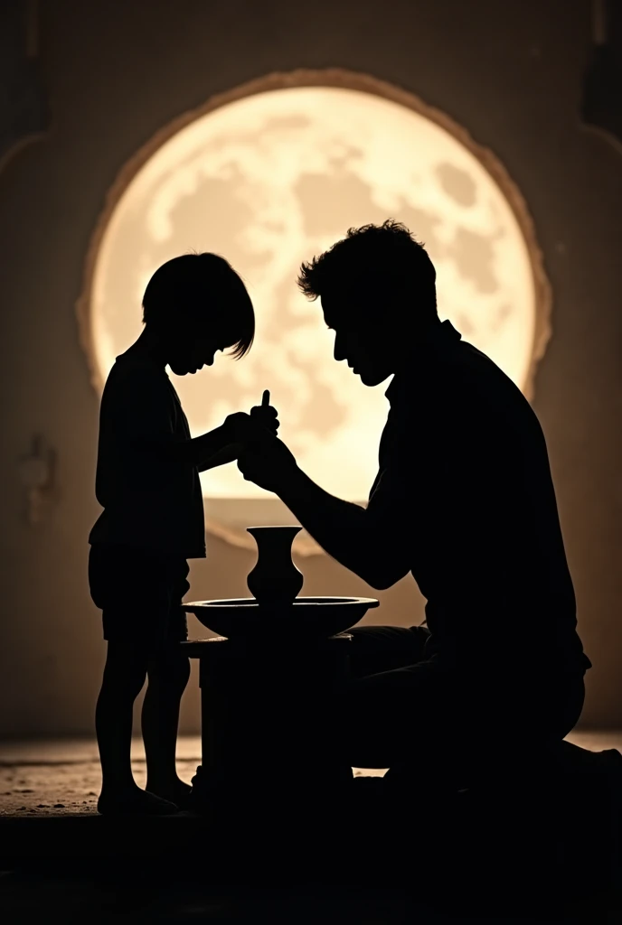 Silhouette of two people doing pottery