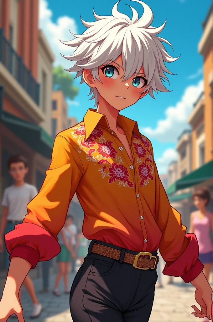 Create an anime character with white hair and a flamengo shirt 
