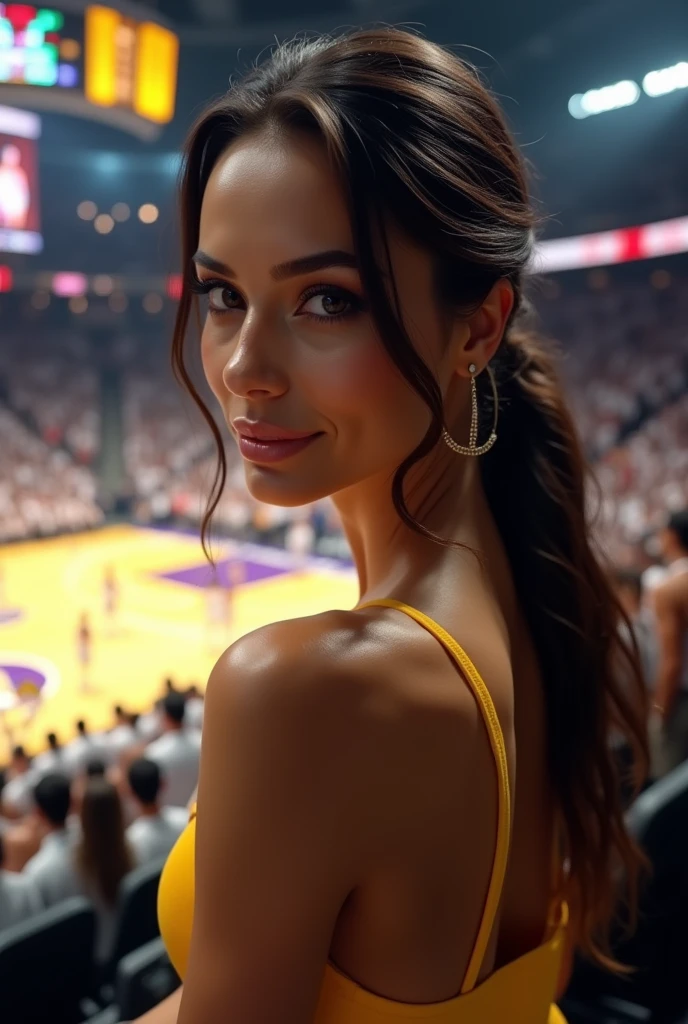 ,Italian brunette Bellucci woman, (((Very beautiful 2 girl))), pretty gir、 ((beautiful low ponytail)), super cute face, glossy lips, double eyelids in both eyes, kiss、 natural makeup, long eyelashes, Shiny and smooth hair、center image, perfect limbs, perfect anatomy,(((basketball Lakers uniform)))、,(wet with sweat),full body, she takes selfie, in reel stadium of lakers basketball in back, she are in tribune, masterpiece,超A high resolution),Italian brunette Bellucci woman, (((Very beautiful 2 girl))), pretty gir、 ((beautiful low ponytail)), masterpiece,超A high resolution),Italian brunette Bellucci woman, (((Very beautiful 2 girl))), pretty gir、 ((beautiful low ponytail)),she kisses with her mouth, no reflection on her body, more realistic, iPhone quality, more dynamism, clearly see the stadium in the background, without her pant, most reel, she take a picture with her phone, not in portrait mode
