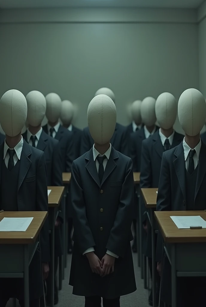 Make a room of students who actually have no face. The image must be sad, showing the standardization of student behavior. Everyone should wear the same clothes and have a tired look.