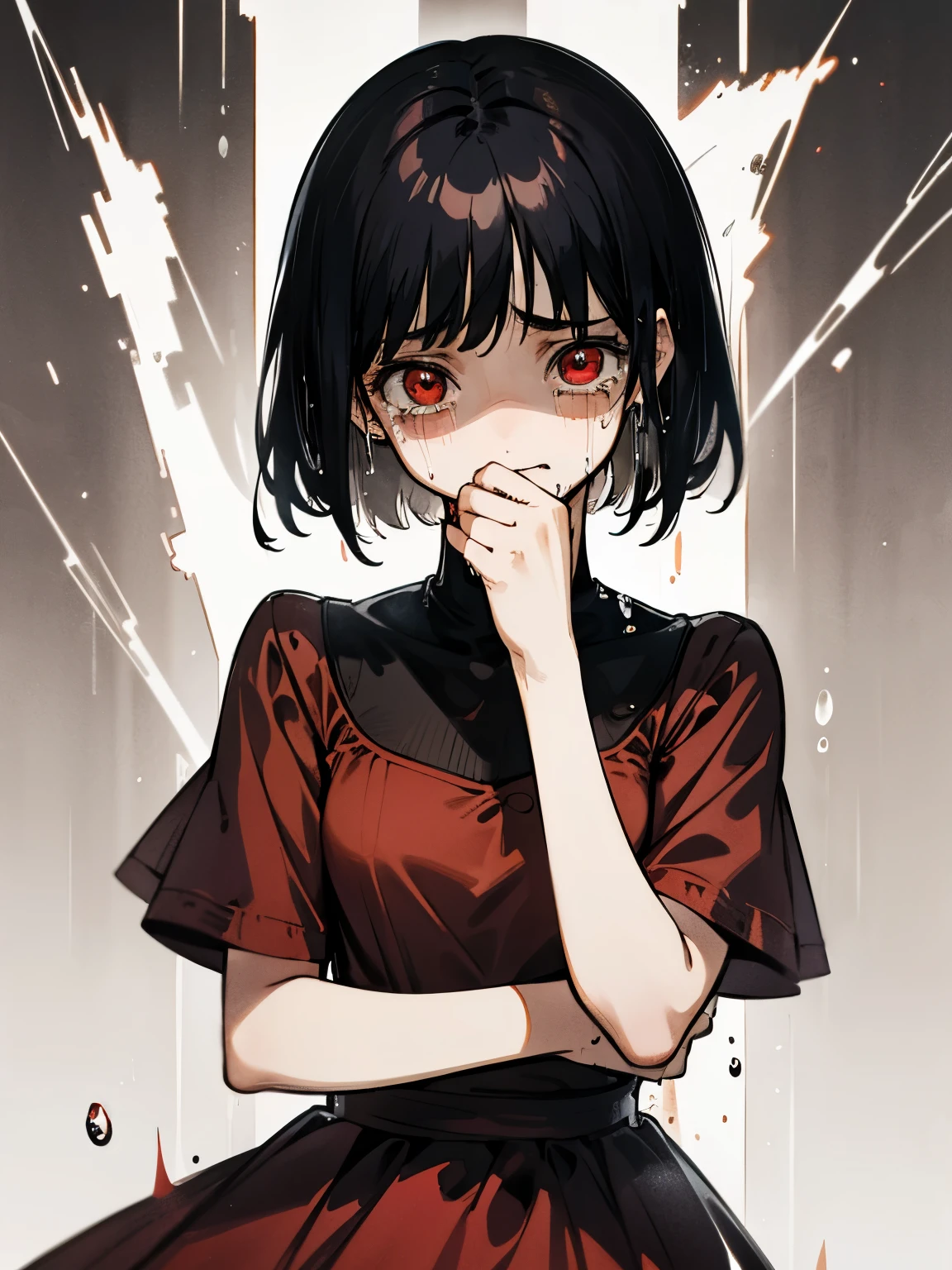 My sister with short black hair, red eyes, light red vintage dress, crying, tears streaming down her face, wiping away tears.
