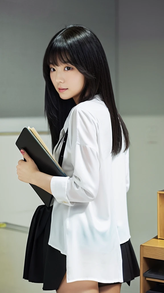 A realistic Japanese woman with long black hair, a white open-chested Y-shirt, a black miniskirt, black high heels, holding a textbook, the background is a blackboard