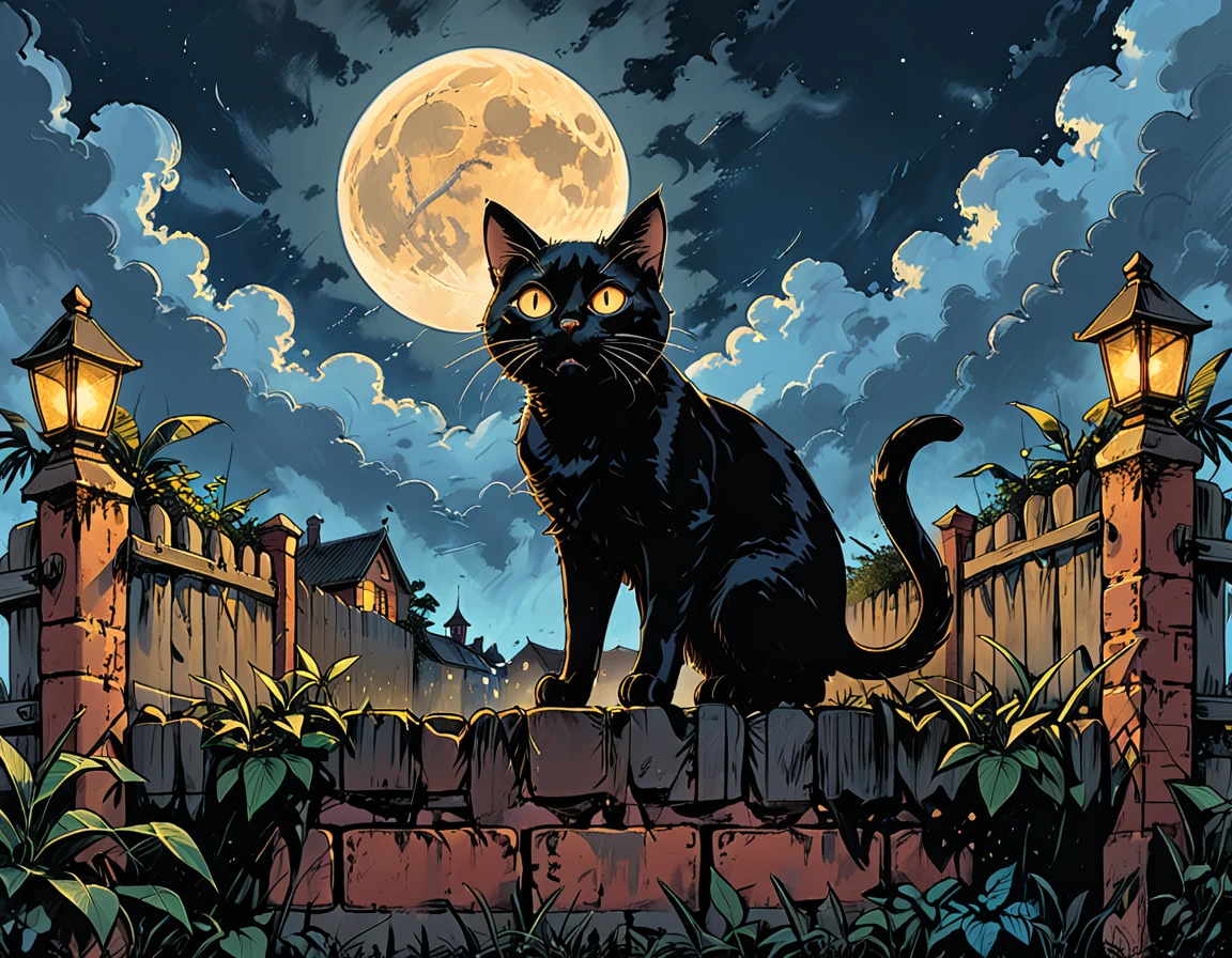 (open mouth), 
(low viewing angle),
night, black cat, moon, glowing eyes, cat ((walking)) along  above a brick fence, ((high brick fence)), bottom view, tropics, clouds, graphic style of novel comics,  2d, 8k, hyperrealism, masterpiece, high resolution, best quality, ultra-detailed, super realistic, Hyperrealistic art, high-quality, ultra high res, highest detailed, lot of details, Extremely high-resolution details, incredibly lifelike, colourful, soft cinematic light,