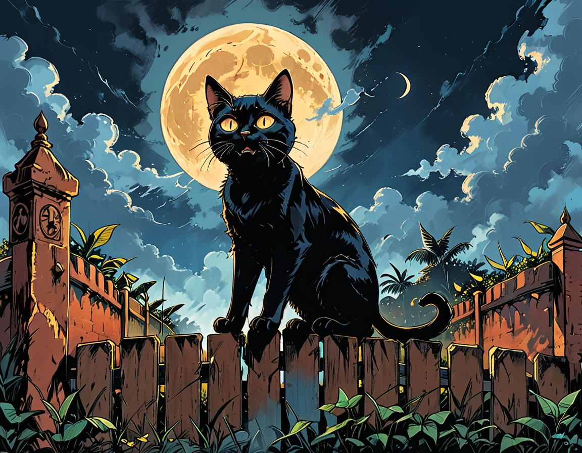 (open mouth),
(low viewing angle),
night, black cat, moon, glowing eyes, cat ((walking)) along above a brick fence, ((high brick fence)), bottom view, tropics, clouds, graphic style of novel comics, 2d, 8k, hyperrealism, masterpiece, high resolution, best quality, ultra-detailed, super realistic, Hyperrealistic art, high-quality, ultra high res, highest detailed, lot of details, Extremely high-resolution details, incredibly lifelike, colourful, soft cinematic light,