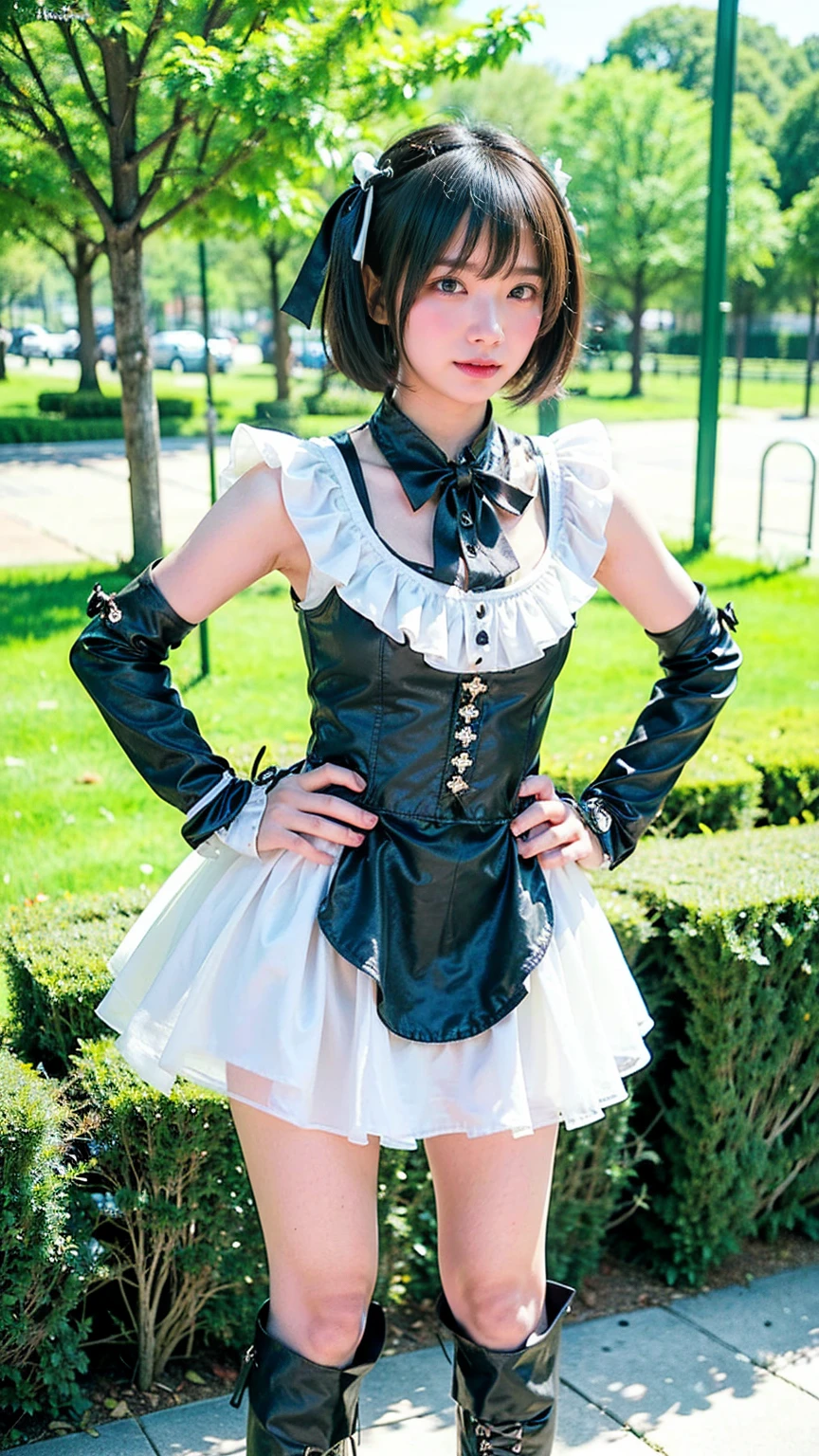 (8k、RAW Photos、Highest quality、masterpiece:1.2)、(Realistic、Realistic)、1 girl、((black and white、mini skirt、Goth、Medium Hair、See-through、大きなribbon、Frills、boots、ribbon、garden、Thin legs、whole body、View from the front、Looking into the camera、Stand with hands on hips))、cute