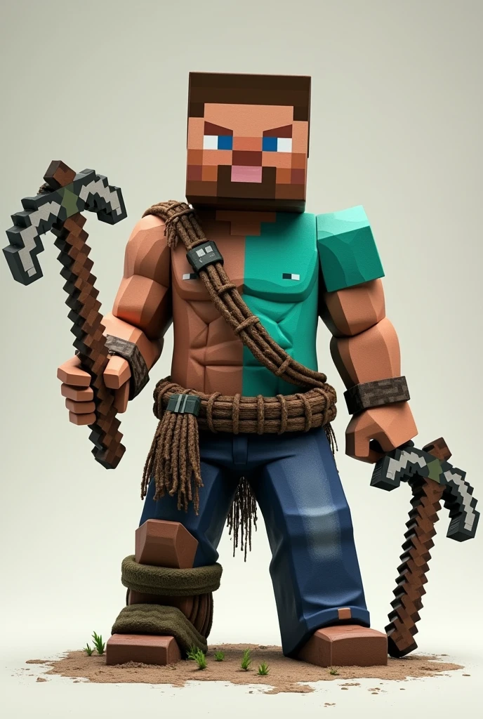 a character in the center that is half ark survival evolved character, holding a pickaxe from the game. and the other half a Minecraft character with a pickaxe from that game in hand.