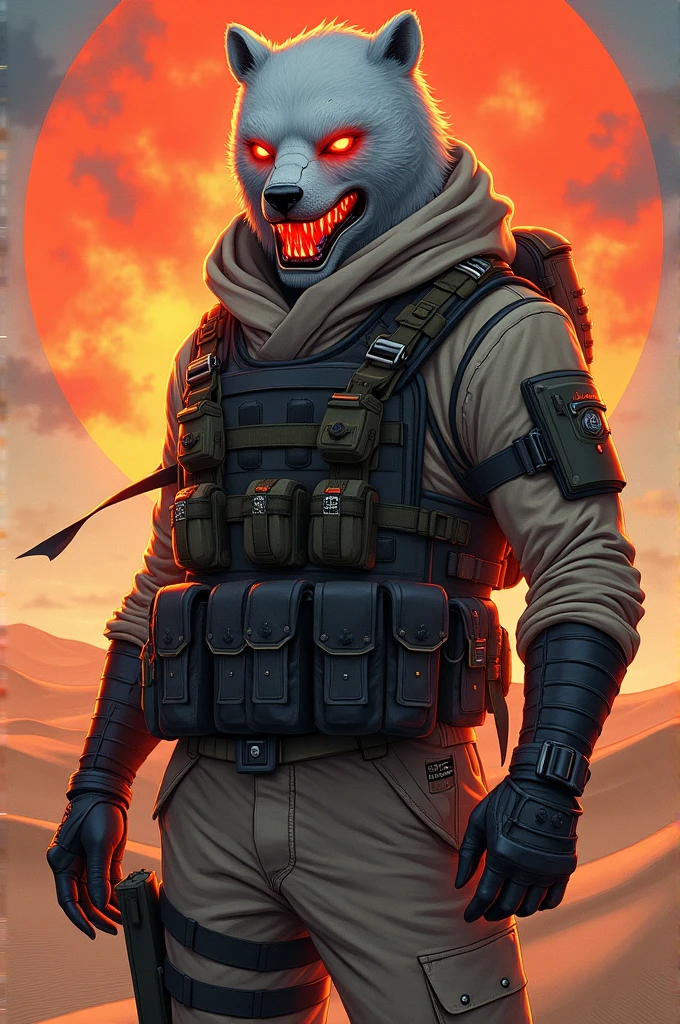 Desert soldier with polar bear mask and red eyes anime mode