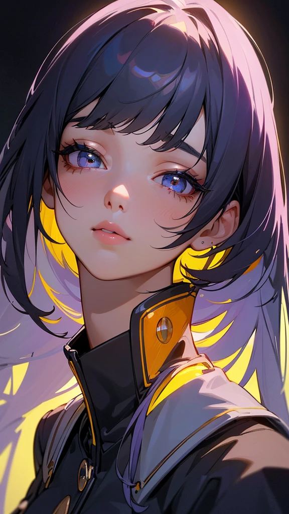 8K, Best Quality, 1girl, (skindentation), Night, (Dark), Clear Background Indoors, (People), Beautiful Bangs, Gorgeous,, (Clothing and Uniform:1.3),Soft Lighting, Attractive, Dark Room, (Mouth Closed:1.2, Beautiful Eyes, Detailed Eyes, Detailed Iris, Beautiful Lips, Beautiful Nose, Beautiful Face),(Primary Colors:1.5)