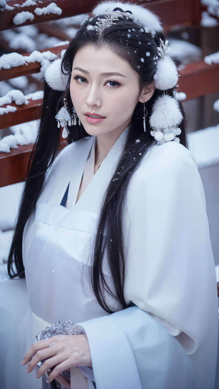 1 Fashion Model [[[[close up]]]], [[[[neck]]]], [[[[Shoulder]]]], (((Complete head)))，(((Complete hairstyle)))，Perfect eyes, Perfect Iris，Perfect lips，Perfect Teeth，Perfect skin，White skin，Soft headlights，High-density imaging，Black long hair，（Clean and delicate face），((White fur winter hanfu))，((Half-length photo))，((The background is a snowy scene))，((winter))，((Various dynamic poses))，((The background is a snowy scene))，best quality，masterpiece，（Soft colors：1.2）