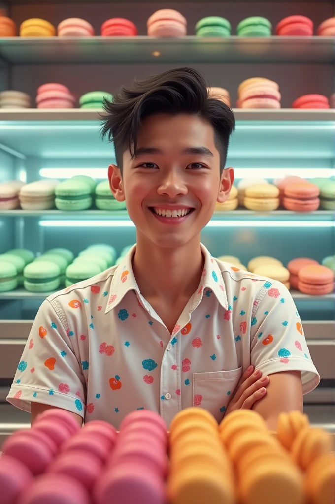 A 5'8 filipino young man wearing a macarons macarons shirt standing in front of the chiller filled with assorted flavors of French macarons 