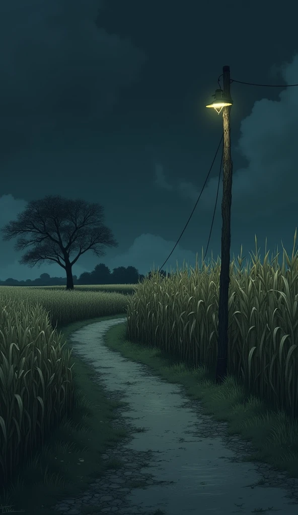 2D anime sky is black , a rough old way  in zigzag manner , both sides of way fields of corn are present ,a tree  is present, a tall lamppost wich is too much rough , fields moving like storm is coming 