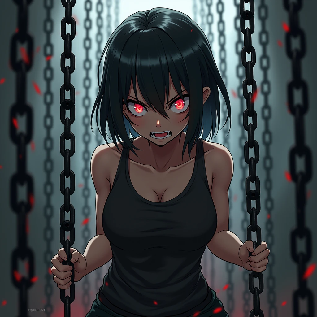aggressive horror anime girl with chains in the background with blur, high quality 8k image gym workout, with image failure error type