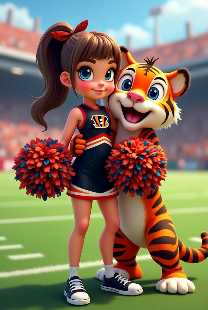 Bengals cheerleader tween
Chunky body
Brown hair, medium length in ponytail, bangs,
blue eyes
football field
Black & orange one piece outfit with Bengals logo black shoes
No socks
hair bow
With tiger hugging
Smiling
Pompom