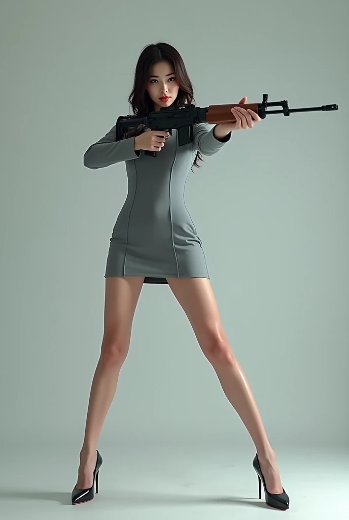 real person realistic beautiful korean flight stewardess grey super tight dress mini skirt standing stance legs open wide spreading full portrait holding rifle gun pointing at you front facing hip low aiming at you shooting range sexy legs
