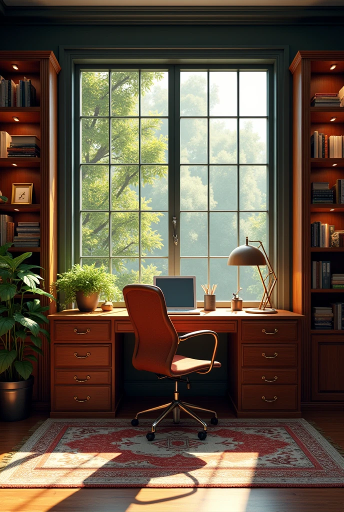 Private home office with a wooden table against the wall