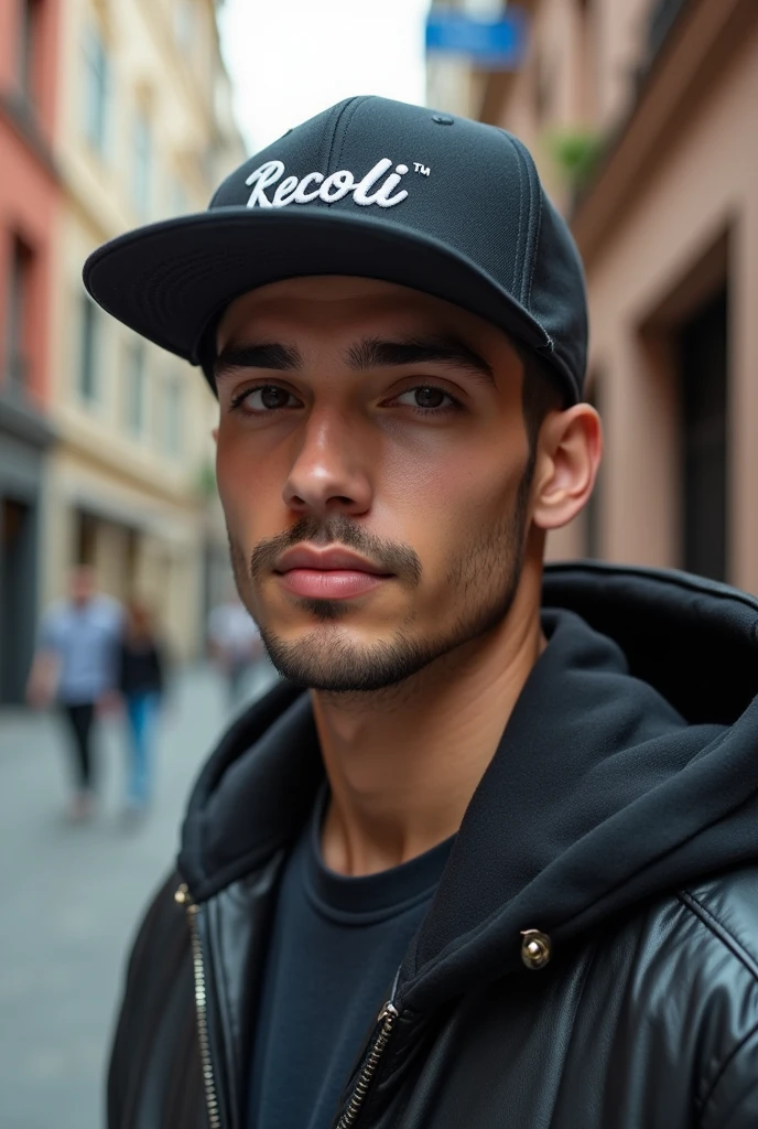 Man wearing a five-panel RECOLLI brand cap