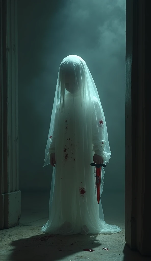 Scary ghost of a child standing in the corner of the house with blood stained clothes and holding a knife