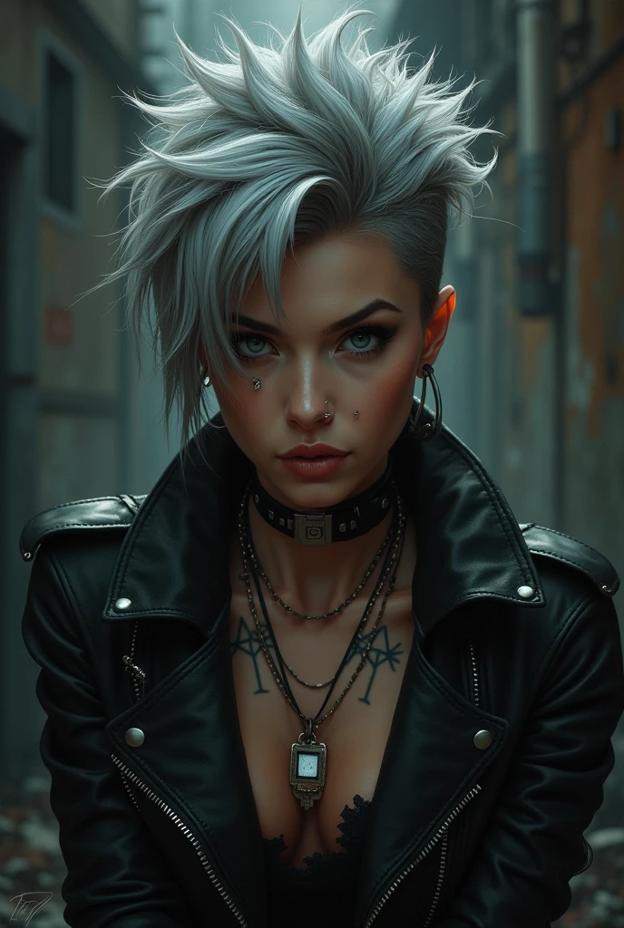 Rocker woman short hair gray eyes