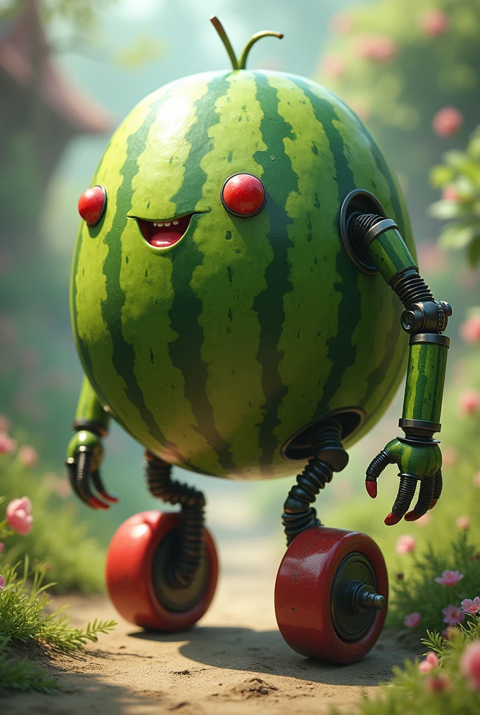 A non-existent being that has a watermelon body, legs made of wheels, arms made of watermelon seeds and the head is the body of the watermelon