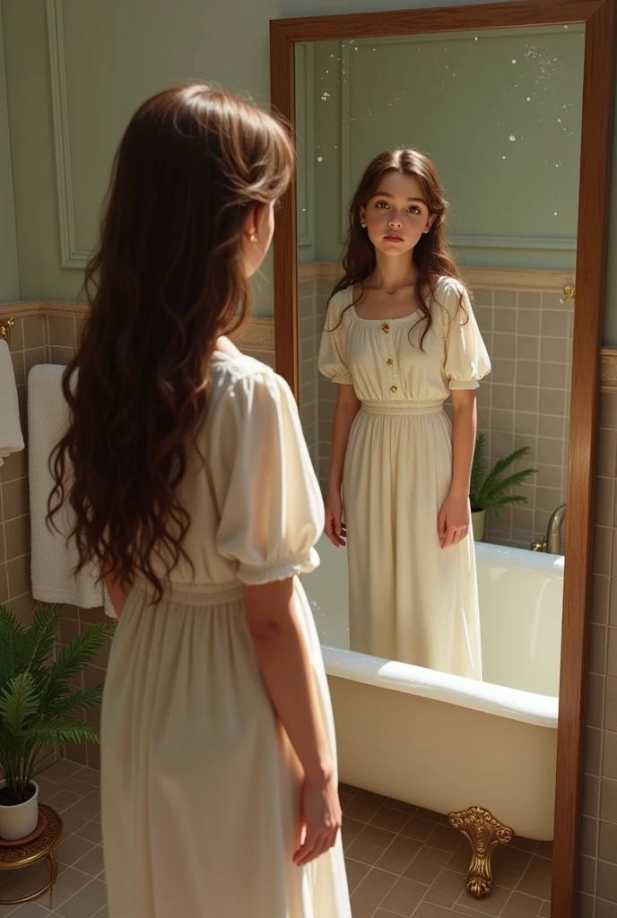 (Realistic) A girl, brown hair, in a bathroom