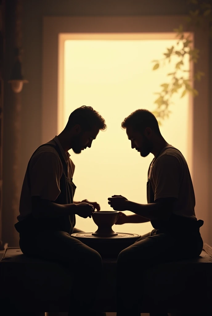 Silhouette of two men doing pottery