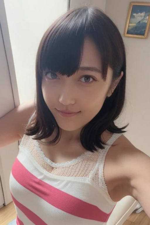 One Girl, Beautiful woman, Striped knit tank top、Pink and white stripes々Panties, skinny, Perfect body, Blonde, Brightly lit room with white walls Highly detailed face, Beautiful Eyes, Beautiful Lips, double eyelid, A shy smile, Shorn bangs, Sunburned skin, Pubic Hair Tips, (Highest quality, 8k, masterpiece:1.3), Front and full body shot, Pussy Line, positive