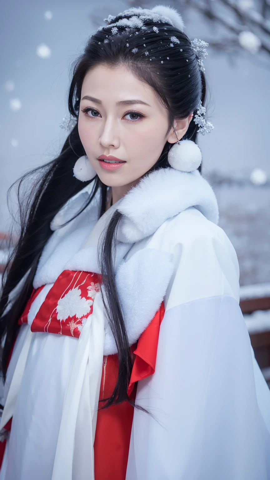 1 Fashion Model [[[[close up]]]], [[[[neck]]]], [[[[Shoulder]]]], (((Complete head)))，(((Complete hairstyle)))，Perfect eyes, Perfect Iris，Perfect lips，Perfect Teeth，Perfect skin，White skin，Soft headlights，High-density imaging，Black long hair，（Clean and delicate face），((Red fur winter hanfu))，((Half-length photo))，((The background is a snowy scene))，((winter))，((Various dynamic poses))，((The background is a snowy scene))，best quality，masterpiece，（Soft colors：1.2）