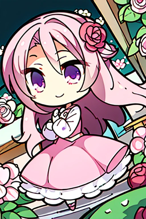 Perfect face. Perfect hands. A pink haired woman with violet eyes with an hourglass figure in a pink dress is smiling while walking in a garden of peonies