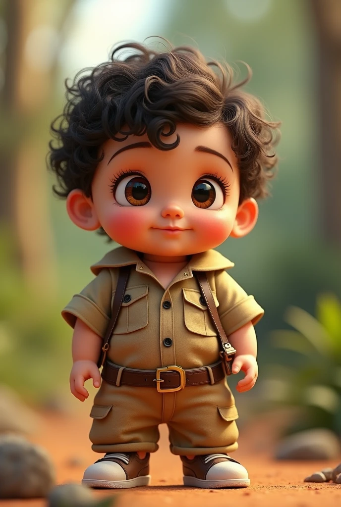8 month old baby dressed in Safari outfit with short, curly, dark, low-cut hair and full mouth and round eyes Pixar 3D