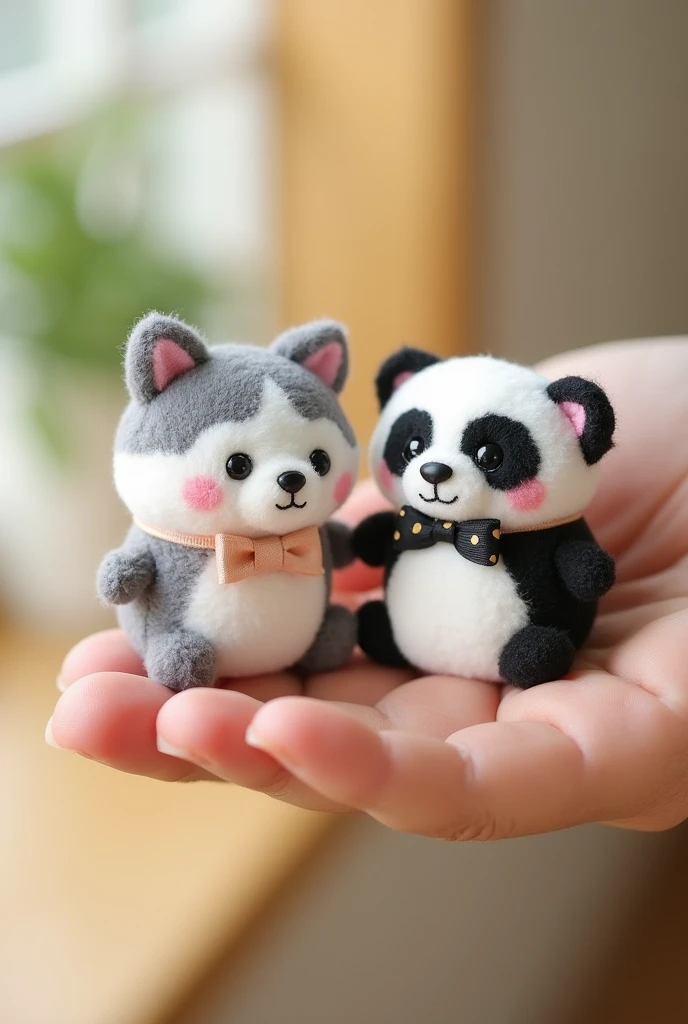 Produk desain,mini plushie,   a chuby husky With grey stripes, and a chuby panda, The material is made of fur doll  from the Miniso brand, kawaii design,  ribbons around their necks, The brand's eyes are made of black amigurumi eyes, and the nose is black, the cat's whiskers are made of black thread ,Head size is larger than body, Product photo with plushie in the palm of the hand 