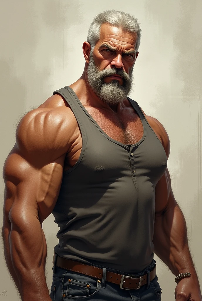 digital art style, semi realistic, muscular old man with thick mustache, tank top