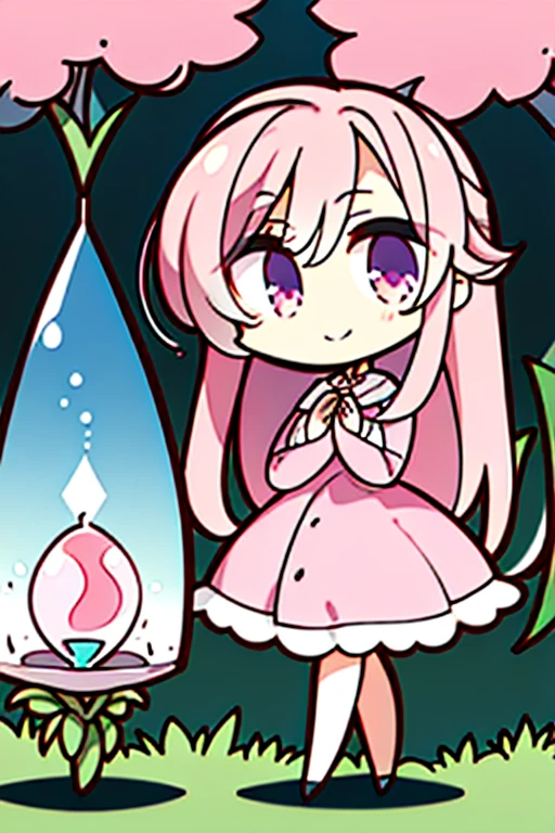 Perfect face. Perfect hands. A pink haired woman with violet eyes with an hourglass figure in a pink dress is smiling while walking in a garden of peonies