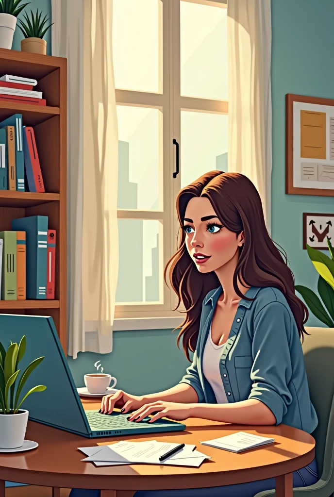Scene 1: Deborah's Work Deborah, a 3 brunette woman, with long dark brown hair, work from home for a startup. she's in his office, focused on an important meeting on the computer. Ao fundo, there is a bookshelf with books and a plant, it's on the table, scattered papers and a cup of coffee.Scene 2: The Connection Suddenly Drops, the computer screen goes black, showcasing "No Connection". Débora is surprised and, Quickly, pick up the cell phone, but there is also no internet or phone signal. She starts to get frustrated and anxious.Scene 3: Asking for Help from the Neighbor Débora puts on a coat and goes to her neighbor's house, asking to use the phone. The neighbor, kind, lets. She tries to call TIM, but gets stuck waiting, unable to speak to someone who can solve the problem.Scene 4: Calling Anatel Back to your apartment, Débora decides to call Anatel. sitting not sofa, she explains the situation and files a complaint, hoping this solves your problem. She is determined to get the connection back to finish her work..Scene 5: Problem Solved After Anatel's Intervention, TIM solves the problem. Débora returns to the computer, relieved to see that the internet is working again. she smiles, ready to continue the meeting and deliver your demands.Scene 6: Final Reflection Débora looks at the computer, already connected, and think about what happened. She realizes that, Sometimes, you need to seek help in different places, but the important thing is not to give up until you find a solution.