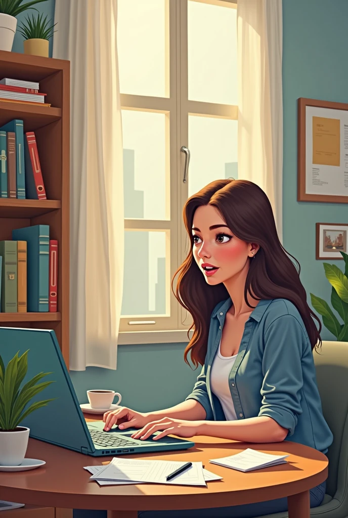 Scene 1: Deborah's Work Deborah, a 3 brunette woman, with long dark brown hair, work from home for a startup. she's in his office, focused on an important meeting on the computer. Ao fundo, there is a bookshelf with books and a plant, it's on the table, scattered papers and a cup of coffee.Scene 2: The Connection Suddenly Drops, the computer screen goes black, showcasing "No Connection". Débora is surprised and, Quickly, pick up the cell phone, but there is also no internet or phone signal. She starts to get frustrated and anxious.Scene 3: Asking for Help from the Neighbor Débora puts on a coat and goes to her neighbor's house, asking to use the phone. The neighbor, kind, lets. She tries to call TIM, but gets stuck waiting, unable to speak to someone who can solve the problem.Scene 4: Calling Anatel Back to your apartment, Débora decides to call Anatel. sitting not sofa, she explains the situation and files a complaint, hoping this solves your problem. She is determined to get the connection back to finish her work..Scene 5: Problem Solved After Anatel's Intervention, TIM solves the problem. Débora returns to the computer, relieved to see that the internet is working again. she smiles, ready to continue the meeting and deliver your demands.Scene 6: Final Reflection Débora looks at the computer, already connected, and think about what happened. She realizes that, Sometimes, you need to seek help in different places, but the important thing is not to give up until you find a solution.