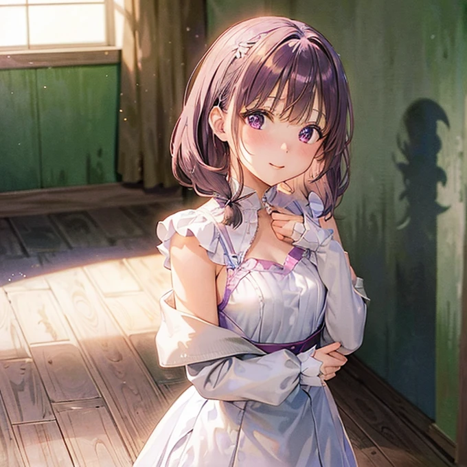 Young elementary school girl, lilac hair, side ponytail, princess crown, purple eyes, white dress, flat chest, medieval, gentle smile, standing, sunlight