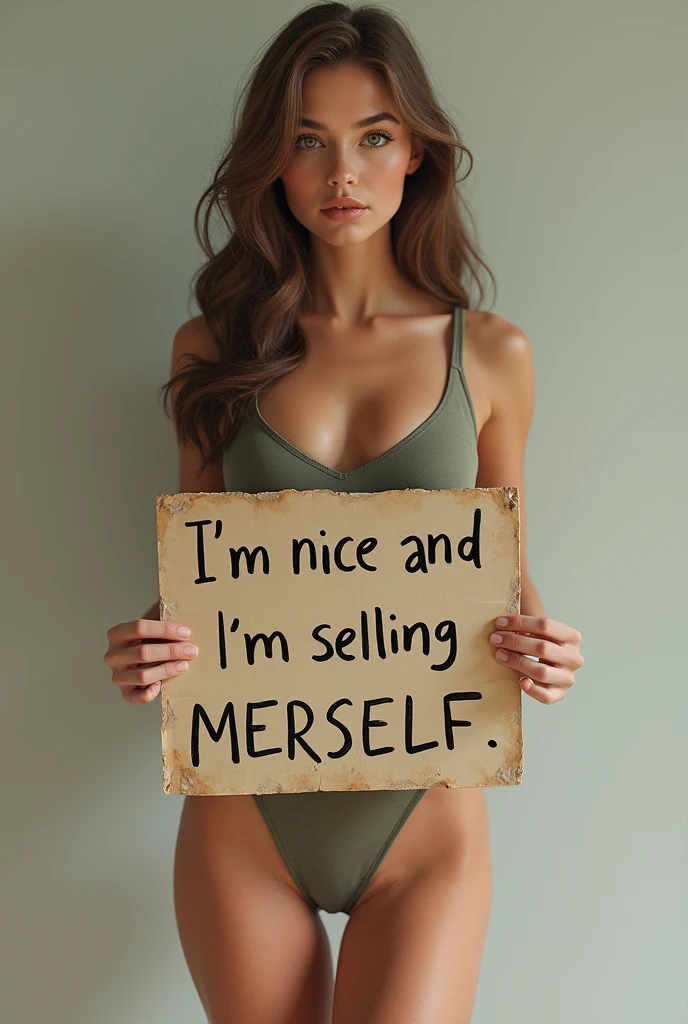 (photorealism:1.2), tall woman with fair skin, long light brown hair, normal complexion big light brown eyes, in a bathing suit holding a sign that says “I&#39;m nice and I&#39;m selling myself”