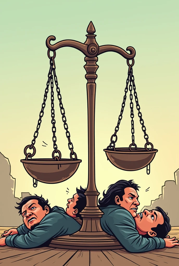 nicely colored cartoon drawing of a scale of justice tipped to one side, with people suffering under the weight of the scale, representing the injustice and consequences of non-compliance with IHL.