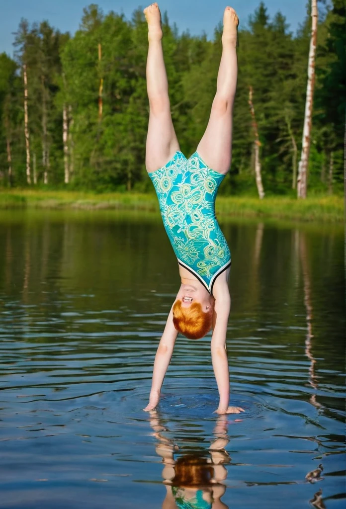 Happy skinny ginger-sweden young kids with short ginger hair, dressed in a light 2-peace swimsuit, happy to show gymnastique flexibility, on a scorching summer day, in the lagoon do a handstand longer