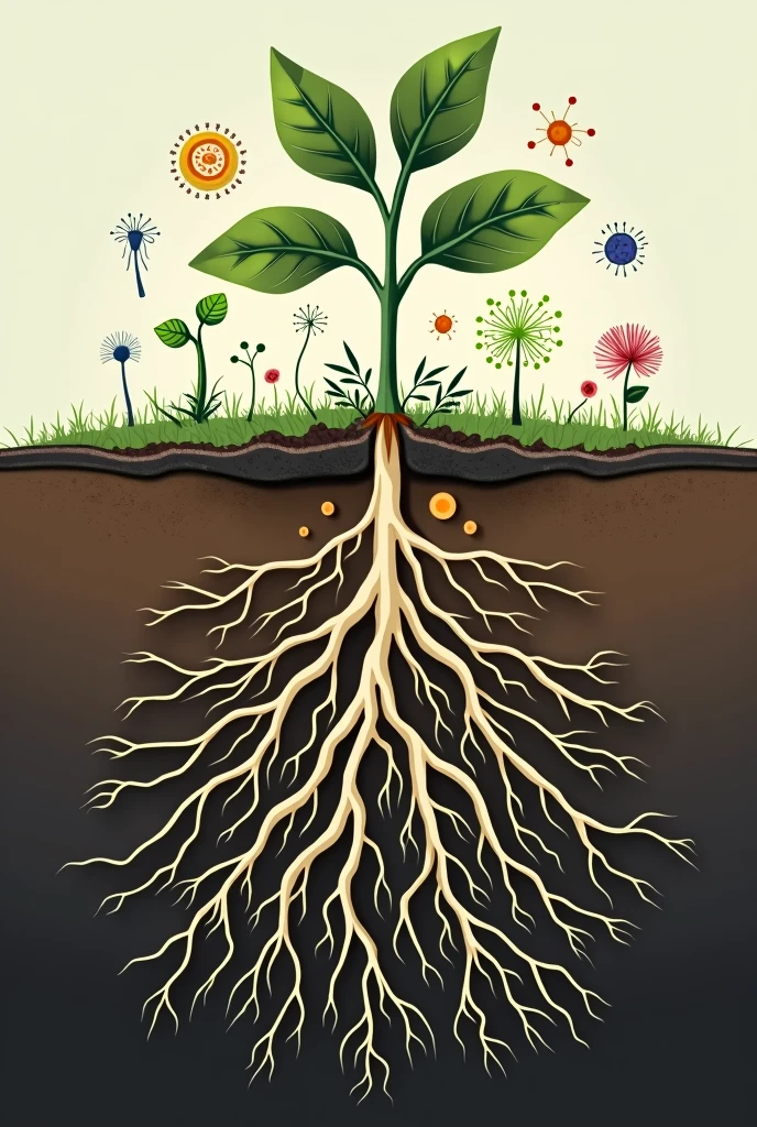 create an image as if it were a horizontally cut ground, showing a plant with roots and bacteria in icons around the roots