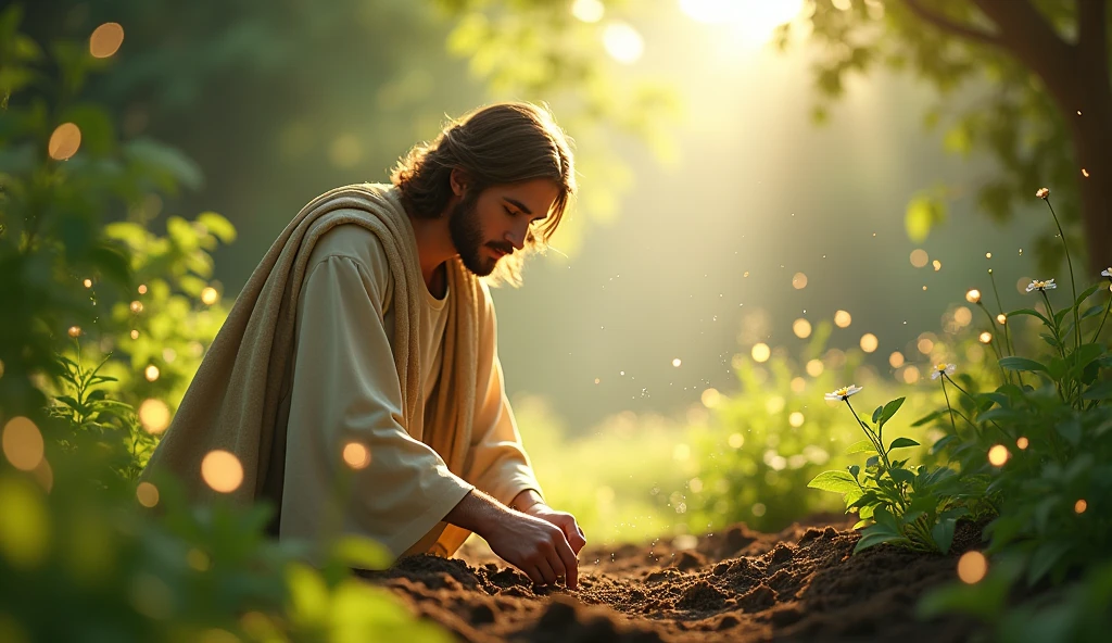 Christ planting seeds in a garden, representing the growth of opportunities and blessings, a clear light between Jesus Christ who is wearing a beige cloak, and small lights fly over the entire scene