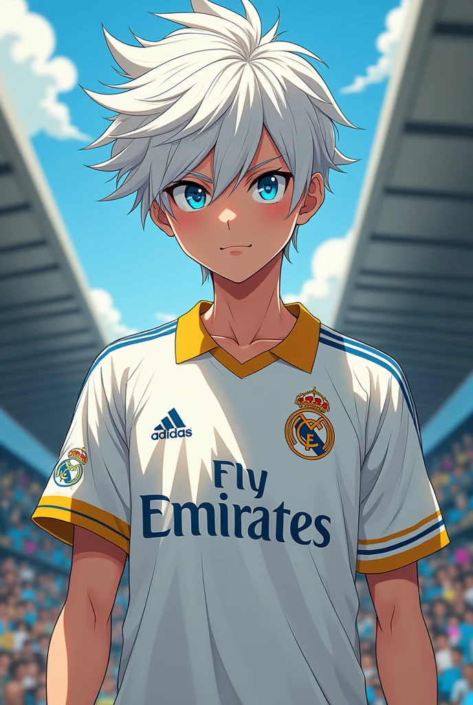 Create an anime character with white hair wearing a Real Madrid shirt 