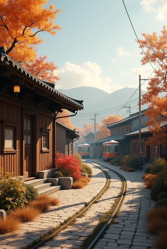 (Best Quality,4k,8k,High resolution,masterpiece:1.2),ultra detailed,sharp focus,(realist,photorealist,photo-realist:1.37), 35mm lens,multiple angles,Scene of empty town,countryside,tram,Beijing,Autumn season,wooden house,(Fine, fluffy fur),(35mm cinema lens),(multi-angle shooting),(Many viewing angles)