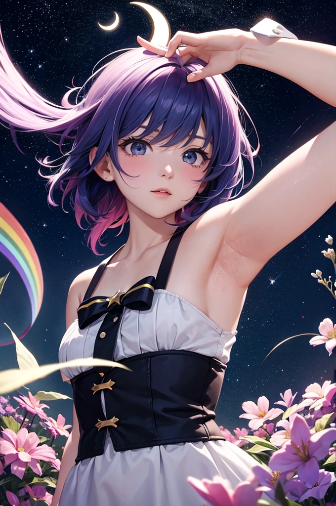 Starry sky, rainbow haired girl, upper body, crescent moon, surrounded by large flowers