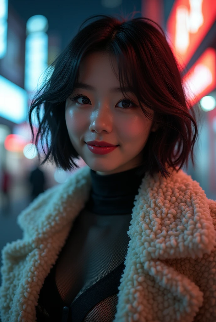 (highest quallity、table top、8k、best quality image、award-winning work、ultra-high resolution)、1 girl、(High neck mesh:1.2)、(thick sheepskin coat:1.15)、(short and layered bob:1.1)、epic movie lighting、very moody and romantic lighting、this'It's snowing、Shinjuku at night、Brilliant night vision、blurry night vision、Perfect Anatomia、(breasts big:1.1)、(emphasize the bust line:1.1)、slenderbody, Look at me and smile、perfect make-up、long eyelashes、ultra-high resolutionの煌めく瞳、ultra-high resolutionの髪の毛、ultra-high resolutionの艶のある唇、ultra-high resolutionの美しい歯、ultra-high resolutionの可愛い顔、nblurry background、Premonition of romantic love、(close do rosto:1.15)、(Look at me and smile:1.1)
