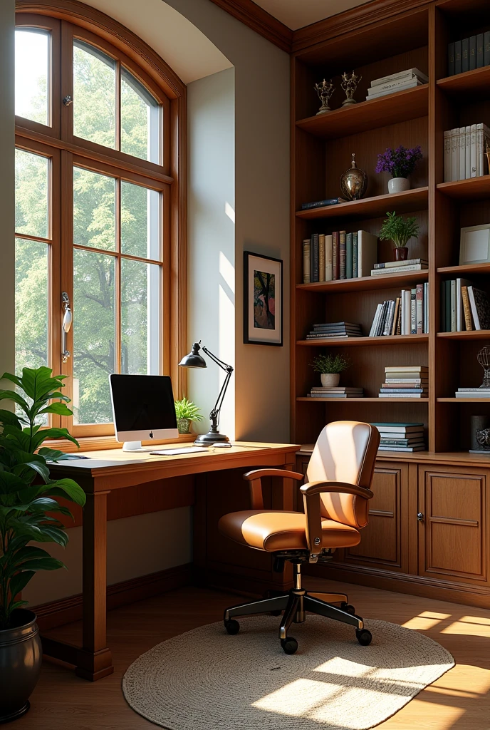 Private home office with a wooden table against the wall