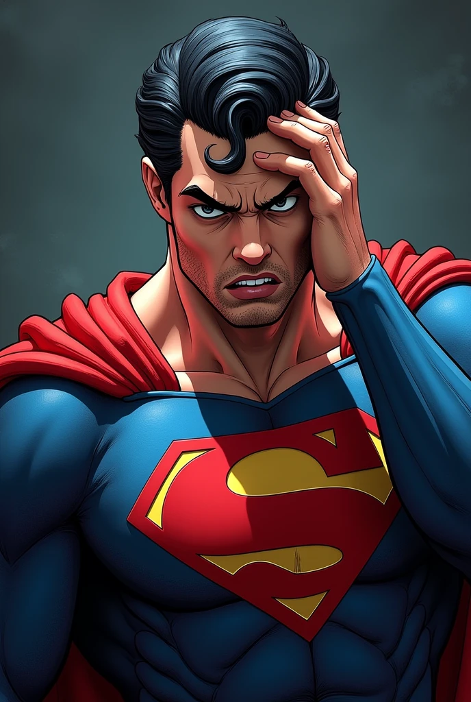 Superman stylized character, comics, Very detailed, 8k,Mouth open、Holding his head、Appearing scared、scary look , olhando para o preço do Gás,escrito,que aumentou novamente