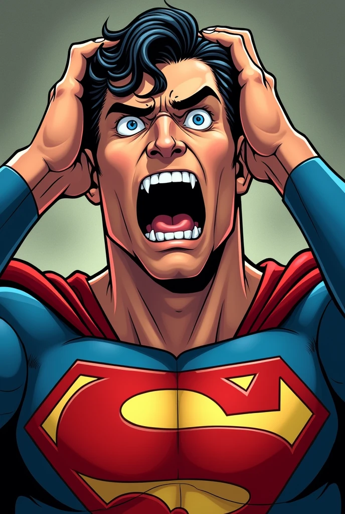 Superman stylized character, comics, Very detailed, 8k,Mouth open、Holding his head、Appearing scared、scary look , olhando para o preço do Gás,escrito,que aumentou novamente